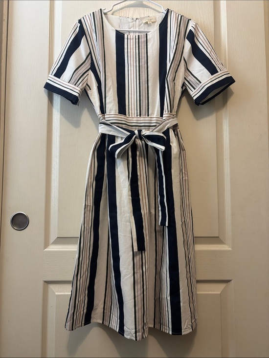 orange creek Dresses & Skirts - New w/out Tags orange creek Navy and White Striped Midi Dress with Tie Waist